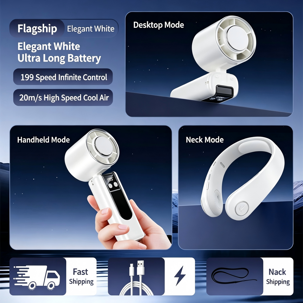 Portable Semiconductor Cooling Handheld Fan, 199 Speeds Adjustable Mini Air Conditioner Fan, Foldable 3-in-1 Neck/Desktop Hand Fan, Rechargeable Battery Outdoor Cooling Fan