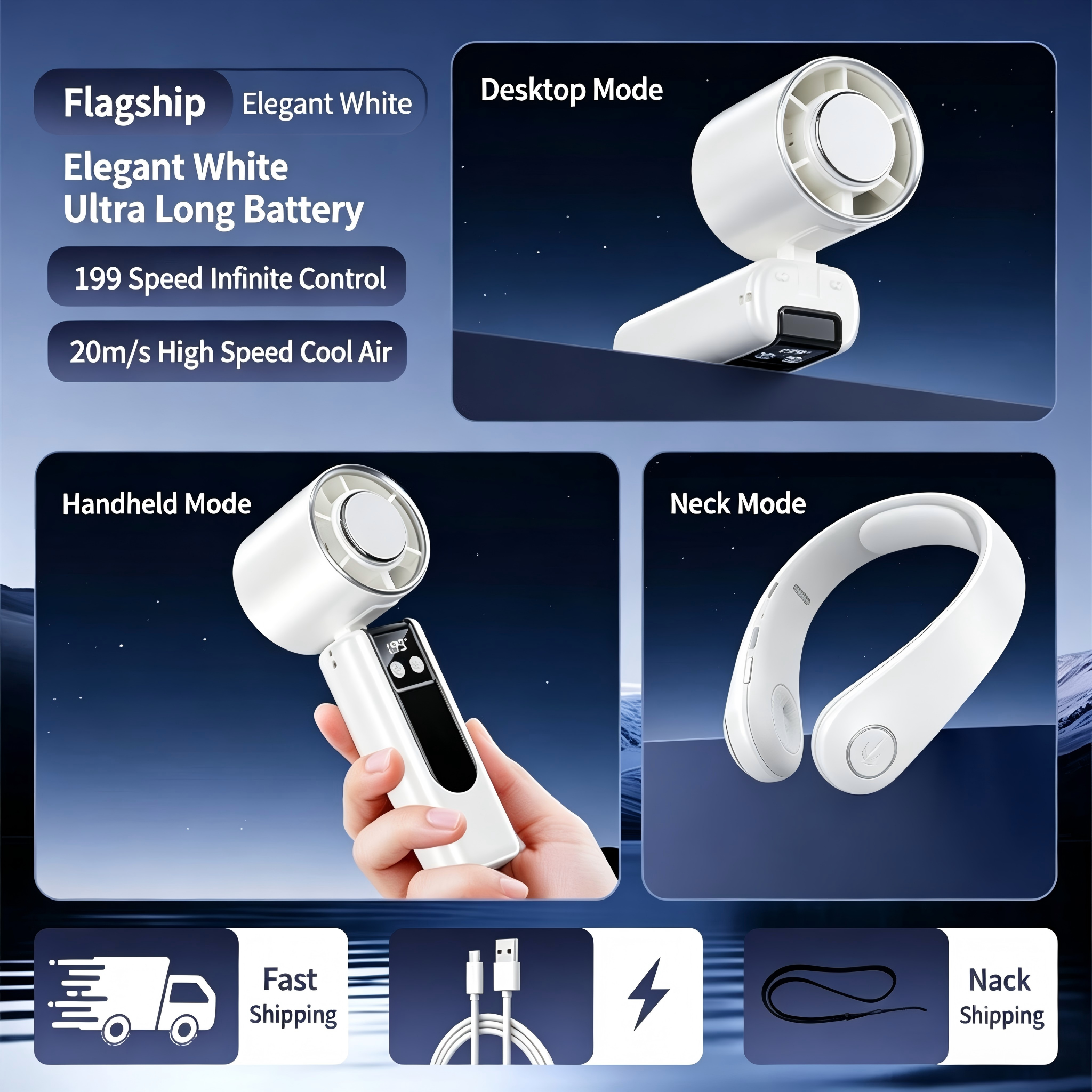 Portable Semiconductor Cooling Handheld Fan, 199 Speeds Adjustable Mini Air Conditioner Fan, Foldable 3-in-1 Neck/Desktop Hand Fan, Rechargeable Battery Outdoor Cooling Fan