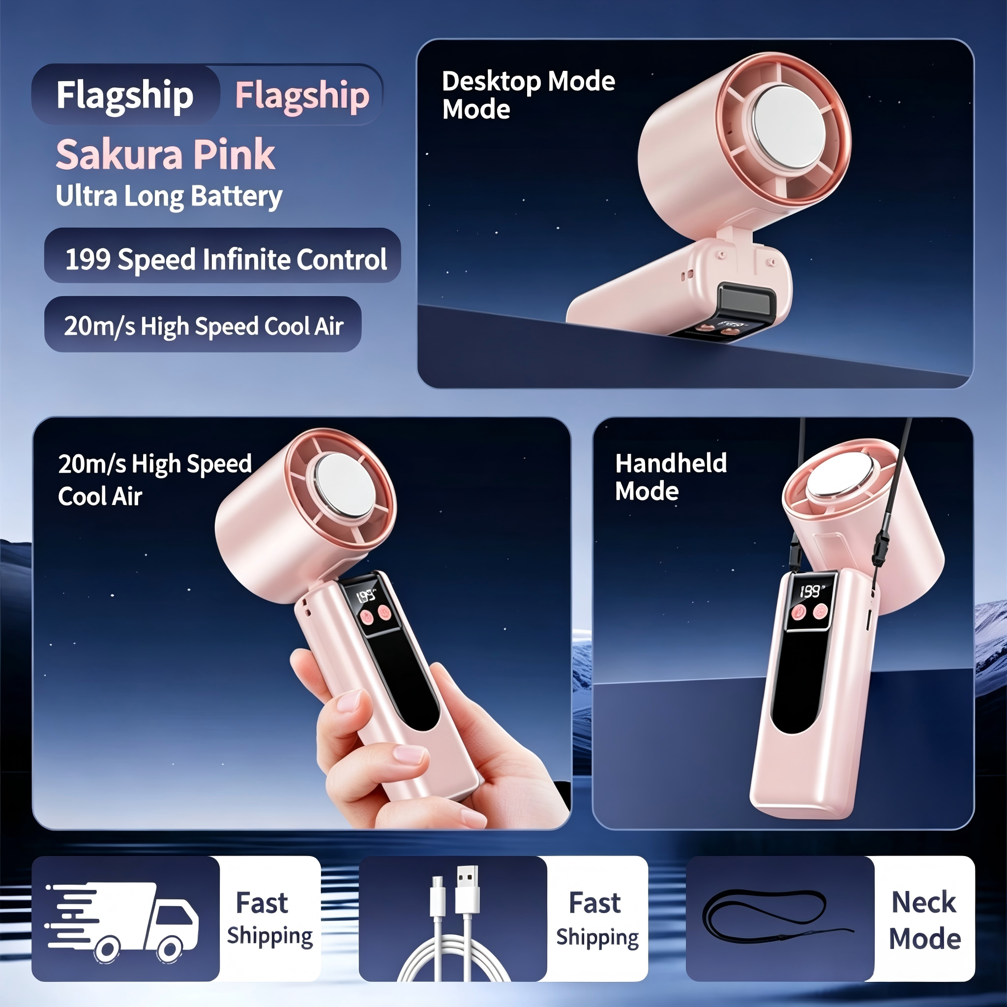 Portable Semiconductor Cooling Handheld Fan, 199 Speeds Adjustable Mini Air Conditioner Fan, Foldable 3-in-1 Neck/Desktop Hand Fan, Rechargeable Battery Outdoor Cooling Fan