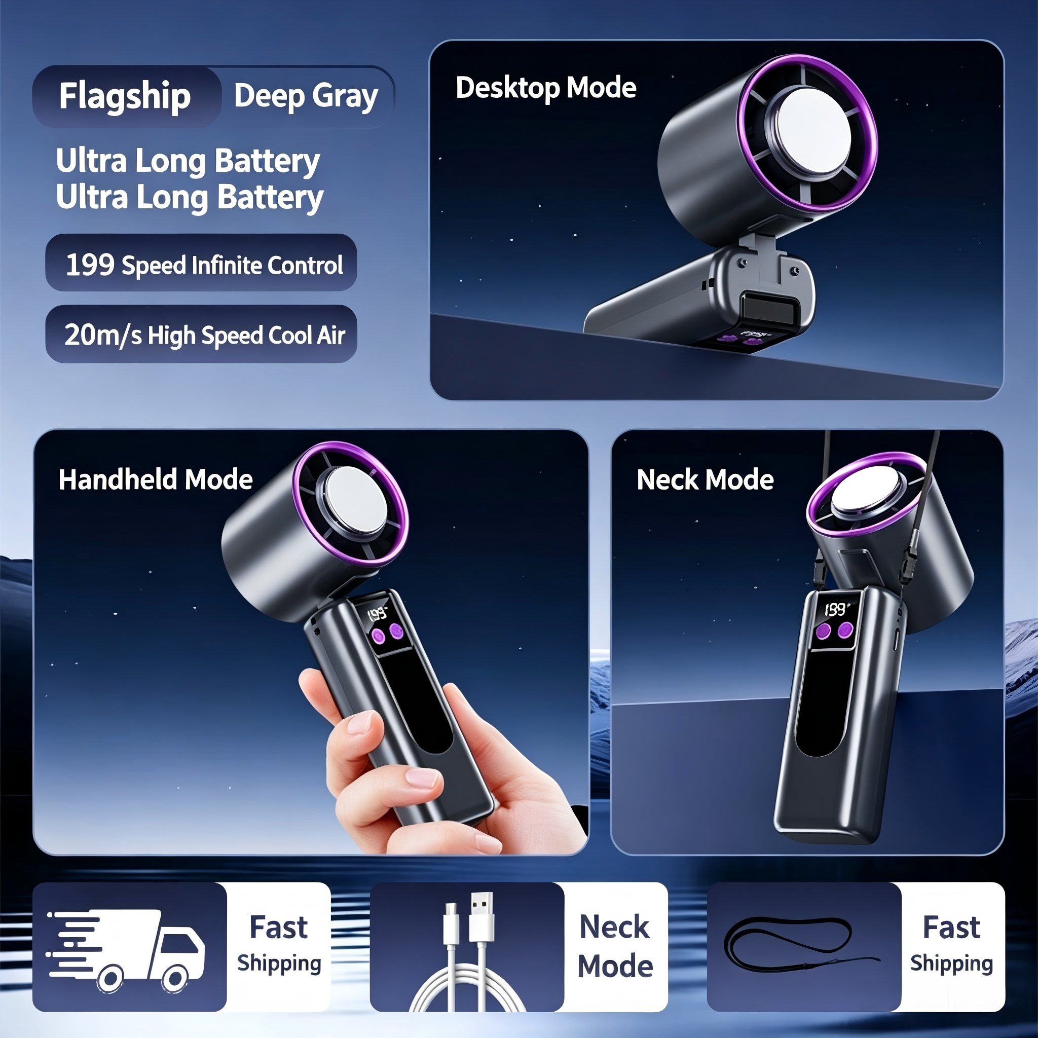 Portable Semiconductor Cooling Handheld Fan, 199 Speeds Adjustable Mini Air Conditioner Fan, Foldable 3-in-1 Neck/Desktop Hand Fan, Rechargeable Battery Outdoor Cooling Fan