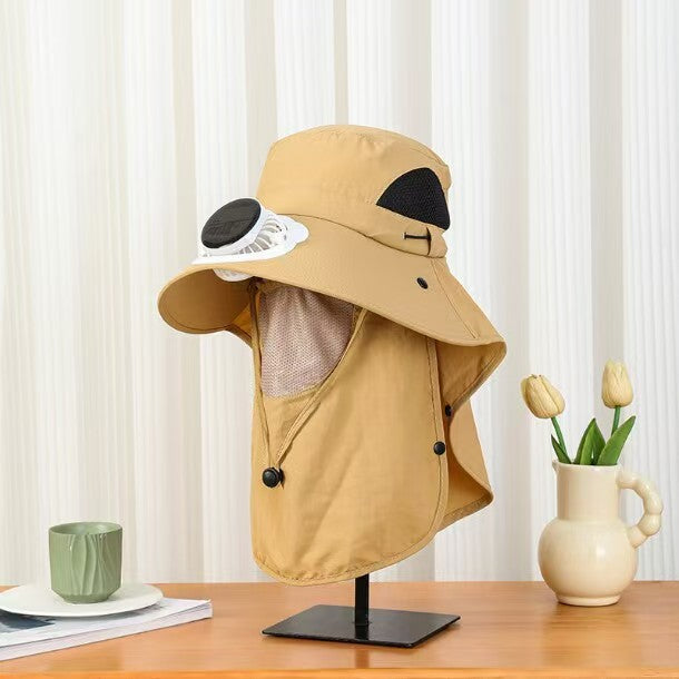 UPF50+ Solar & USB Rechargeable Cooling Fan Sun Hat, Wide Brim Neck Flap Outdoor Fishing Hat with Rotatable Fan for Hiking Gardening Beach