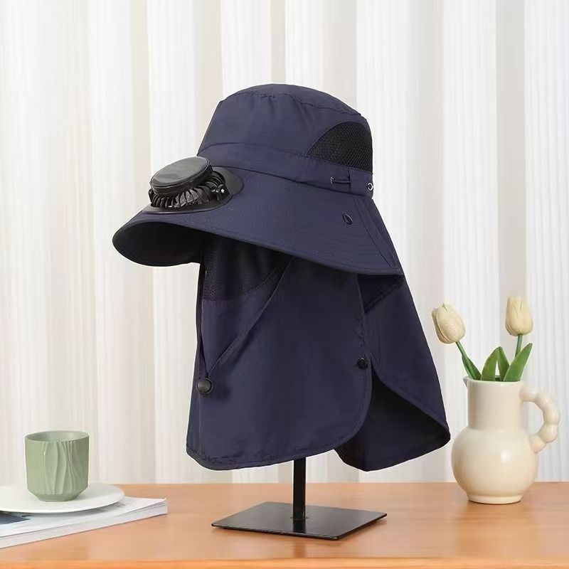 UPF50+ Solar & USB Rechargeable Cooling Fan Sun Hat, Wide Brim Neck Flap Outdoor Fishing Hat with Rotatable Fan for Hiking Gardening Beach