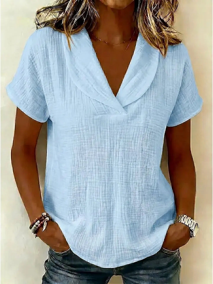 SIHI Women’s Crinkle Cotton Blouse, Shawl Collar Casual Summer Top