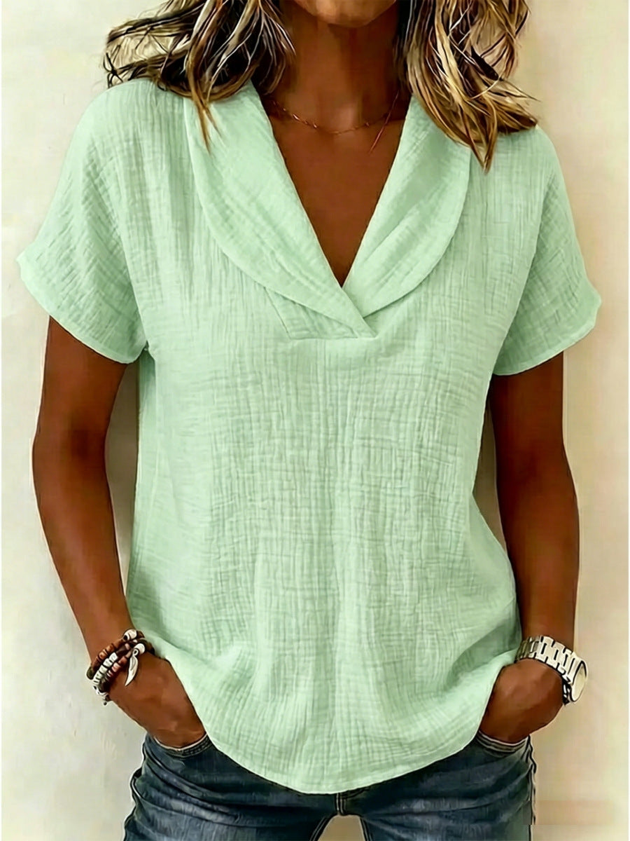 SIHI Women’s Crinkle Cotton Blouse, Shawl Collar Casual Summer Top