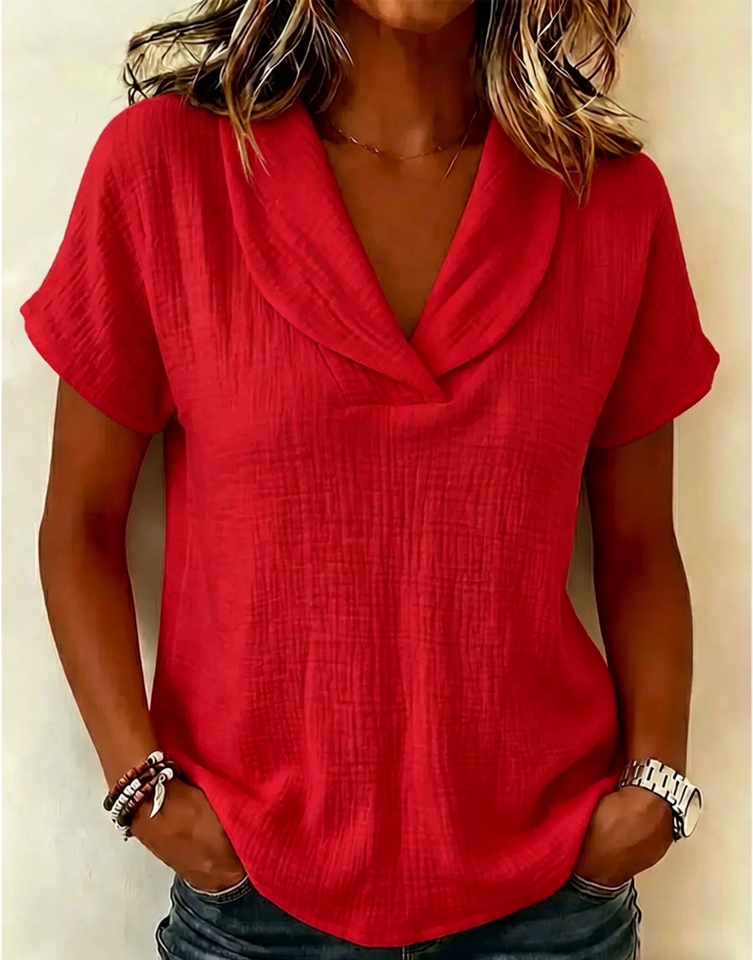 SIHI Women’s Crinkle Cotton Blouse, Shawl Collar Casual Summer Top