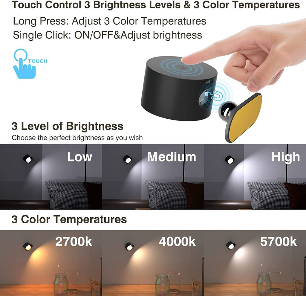 USB Rechargeable LED Wall Reading Light with Touch Control & Magnetic Mount