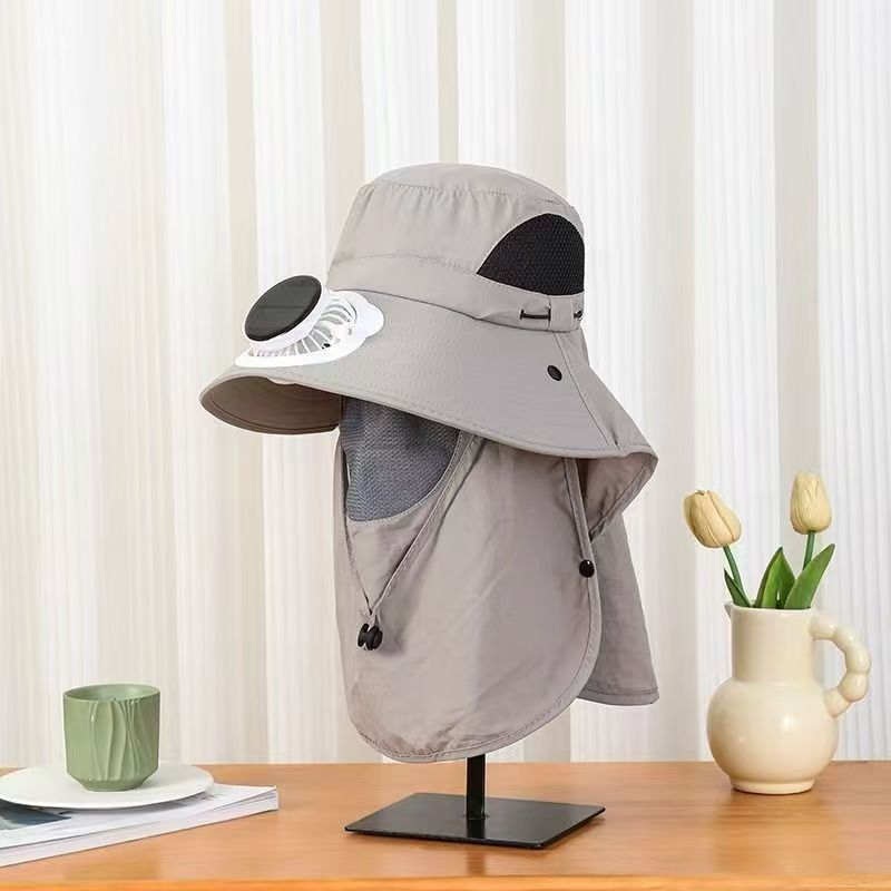 UPF50+ Solar & USB Rechargeable Cooling Fan Sun Hat, Wide Brim Neck Flap Outdoor Fishing Hat with Rotatable Fan for Hiking Gardening Beach
