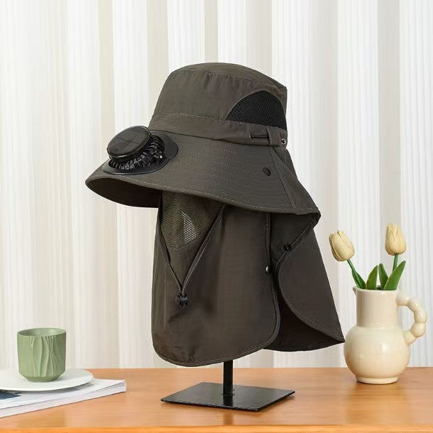 UPF50+ Solar & USB Rechargeable Cooling Fan Sun Hat, Wide Brim Neck Flap Outdoor Fishing Hat with Rotatable Fan for Hiking Gardening Beach