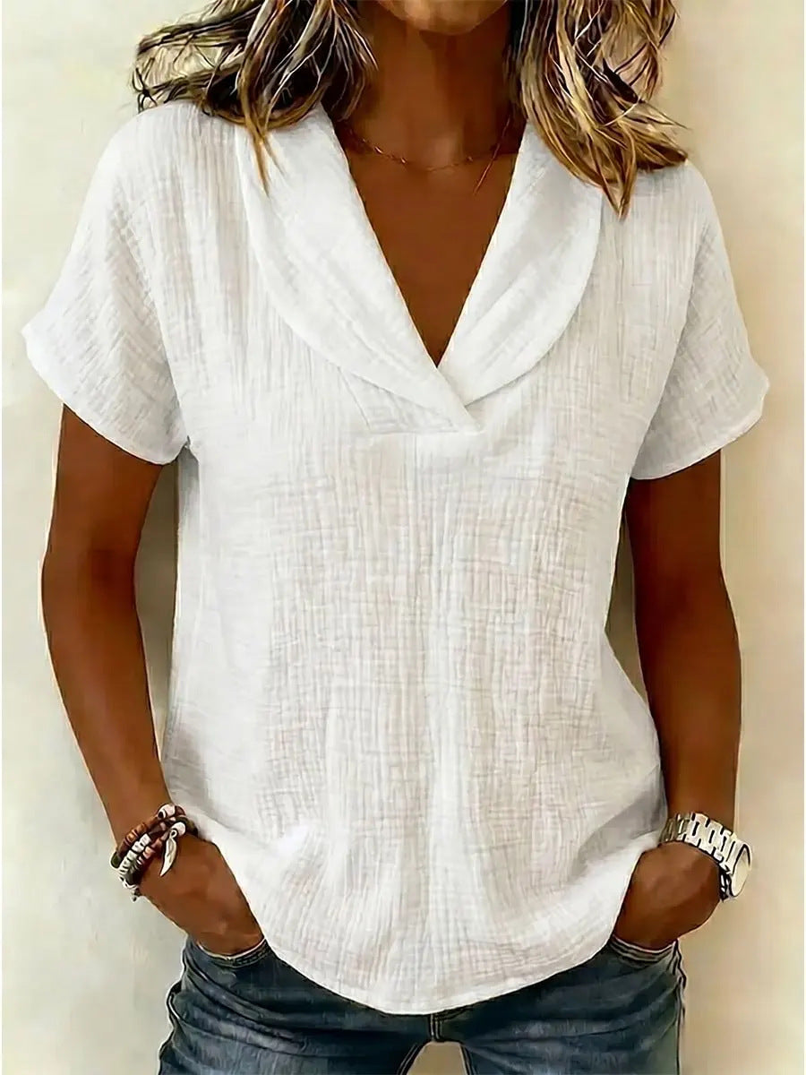 SIHI Women’s Crinkle Cotton Blouse, Shawl Collar Casual Summer Top