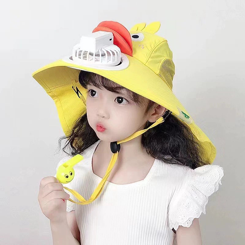 Kids Cartoon Sun Hat with Cooling Fan, UPF50+ Wide Brim Neck Flap Summer Outdoor UV Protection Hat with Whistle Chin Strap for Boys Girls