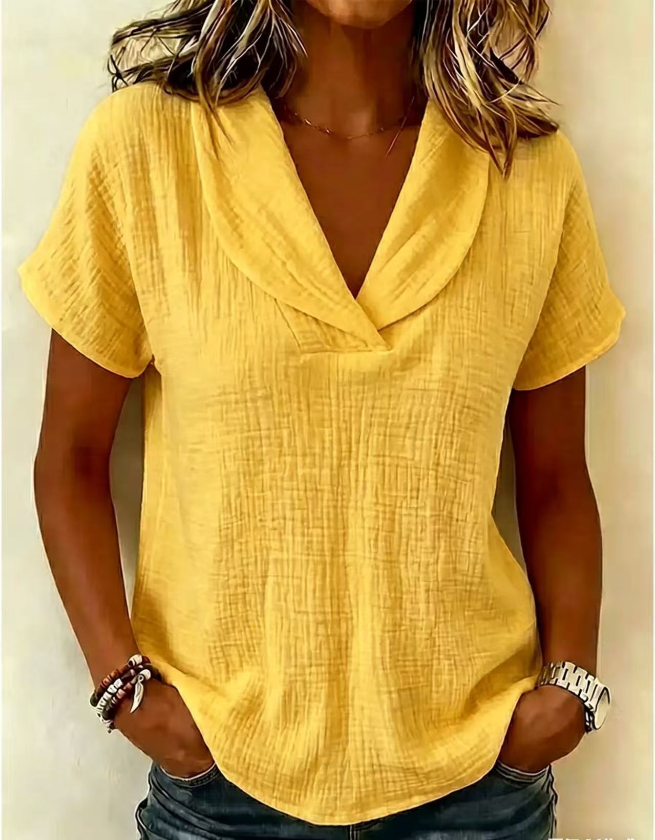 SIHI Women’s Crinkle Cotton Blouse, Shawl Collar Casual Summer Top