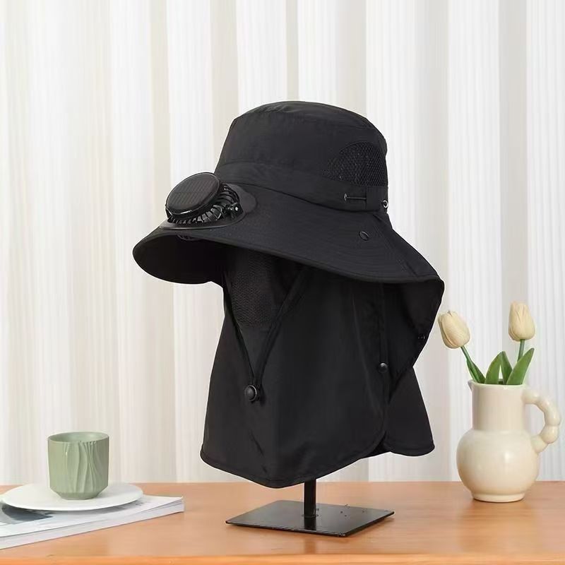 UPF50+ Solar & USB Rechargeable Cooling Fan Sun Hat, Wide Brim Neck Flap Outdoor Fishing Hat with Rotatable Fan for Hiking Gardening Beach