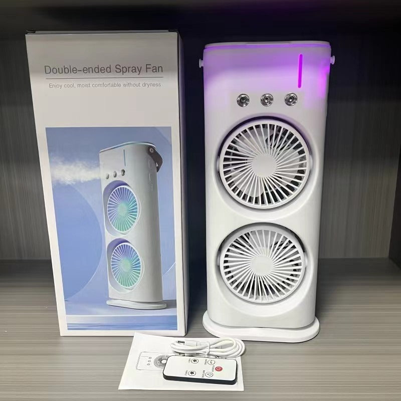 Dual Head Mist Cooling Desk Fan, 3-in-1 Wind Cooling Humidifier Fan, 120° Auto Oscillating USB Mini Air Cooler with 3 Spray Nozzles & 7 Color Night Light for Home Office Car