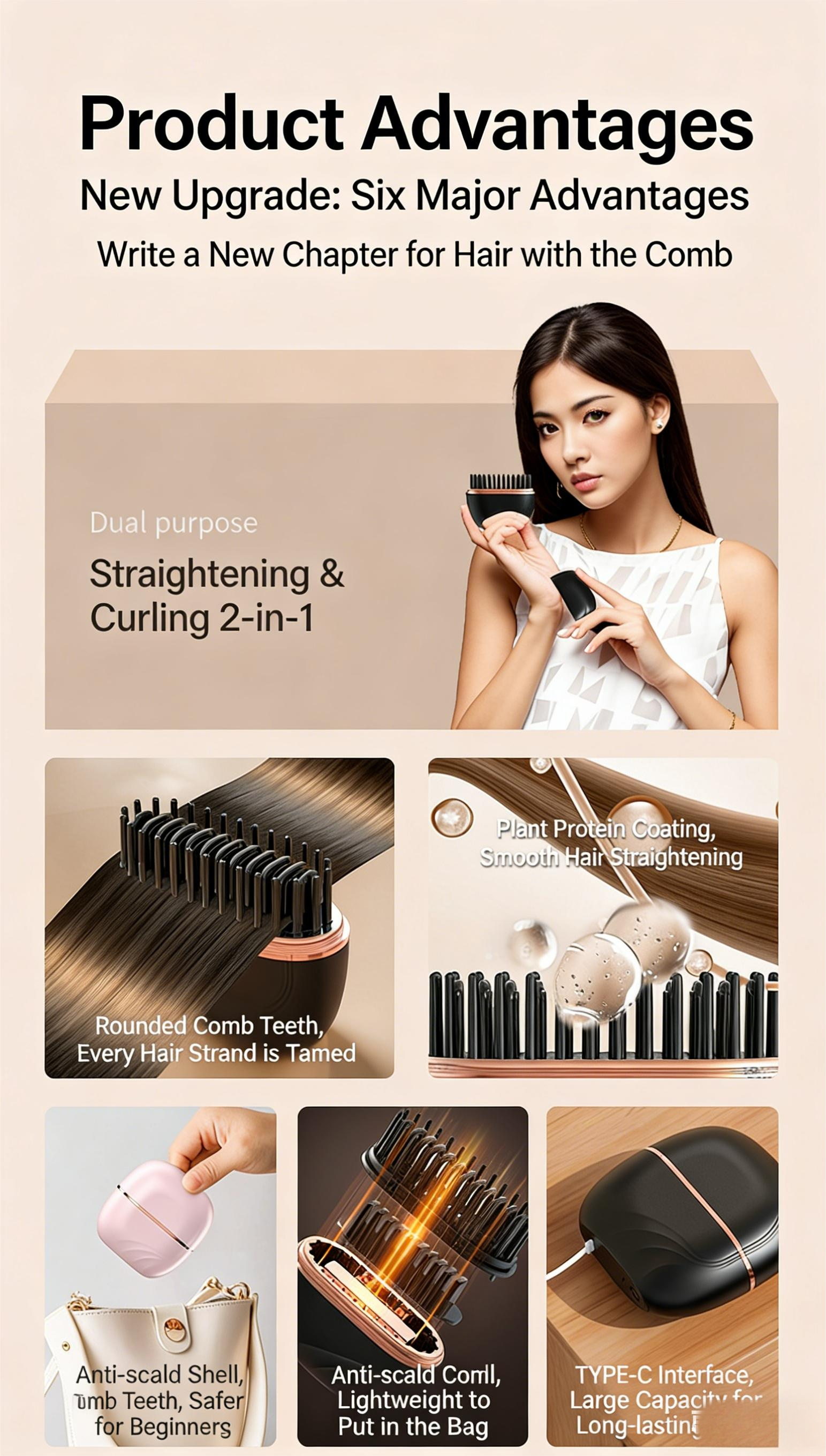 Mini Wireless Portable Hair Straightener Brush, 2-in-1 Straightening & Curling Care Styling Brush (Model: HB-208)